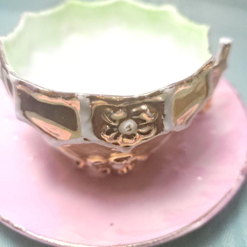 1940s Occupied Japan Demitasse Cup & Saucer - Gold Moriage - Pink Luster - Mint